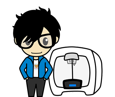 Chibi-style illustration of Tapichi Studio owner next to a 3d printer.