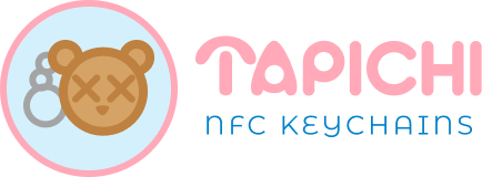 Tapichi full logo used for social media. Light brown bear head illustration with X eyes as a keychain with the words Tapichi written to the right in round font