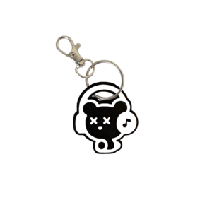 Cute black bear headphones NFC keychain with X eyes and minimalist white line design (has music note design on headphones)