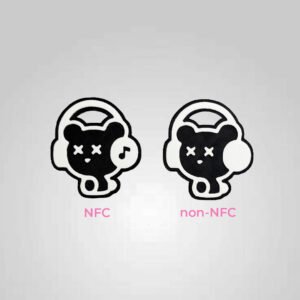 Bear headphones keychains showing NFC version with music note and non-NFC version with blank headphones