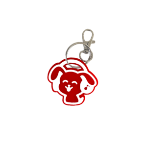 Cute red dog headphones NFC keychain with smiling eyes and minimalist white line design (has music note design on headphones)