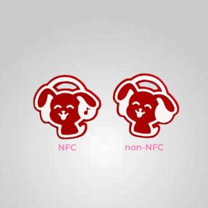 Dog headphones keychains showing NFC version with music note and non-NFC version with blank headphones