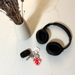 Dog headphones keychain attached to keys on a kitchen counter next to black headphones and dried flowers