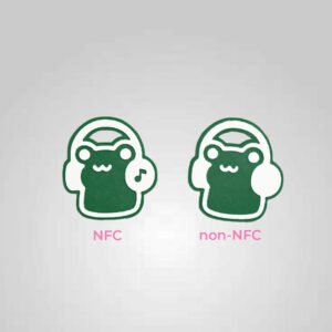 Frog headphones keychains showing NFC version with music note and non-NFC version with blank headphones