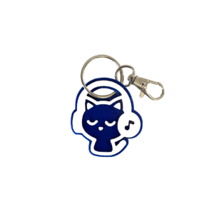 Cute deep blue cat headphones NFC keychain with peaceful eyes and minimalist white line design (has music note design on headphones)