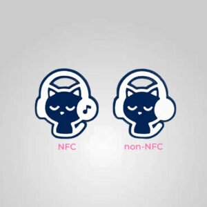 Cat headphones keychains showing NFC version with music note and non-NFC version with blank headphones