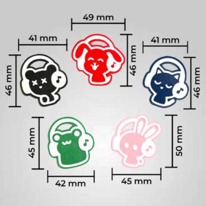 Five cute animal headphones keychains with dimensions shown including bear, dog, cat, frog, and bunny