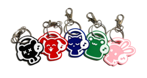product photo of all five characters - black bear, red dog, blue cat, green frog, pink bunny